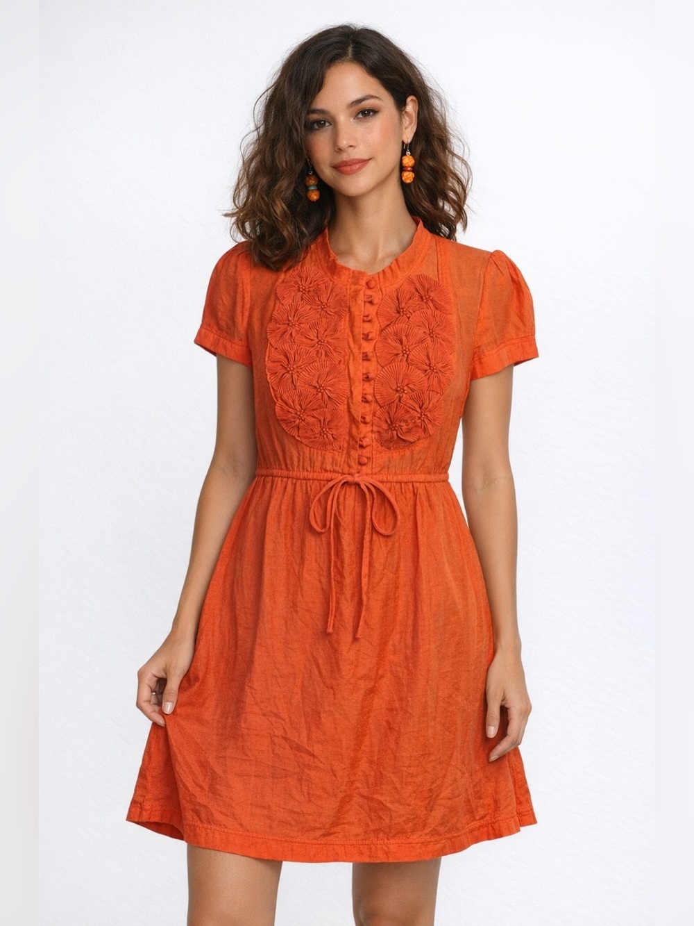 Lucy & Co Coral Cotton Dress Sz M Boho Floral Embellished Button Front Appliqué